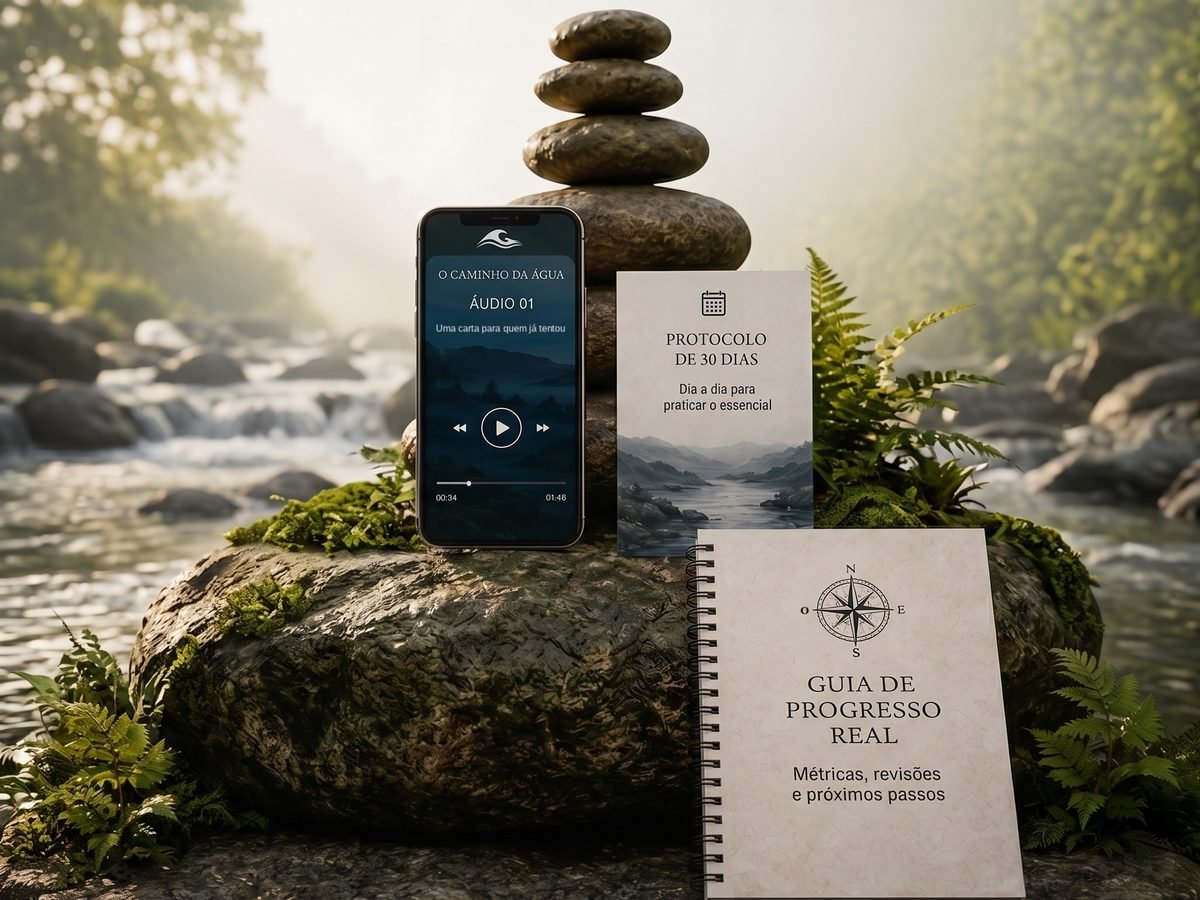Os materiais de O Caminho da Água sobre uma pedra à beira de um rio: celular tocando o áudio 01, fones de ouvido, o Protocolo de 30 dias e o Guia de Progresso Real.