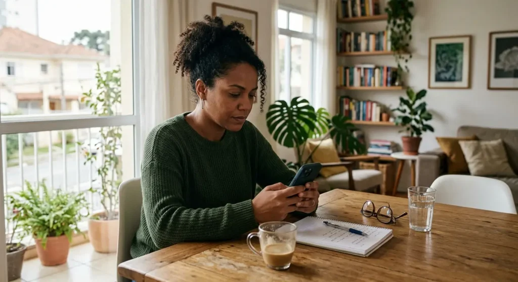 Mulher usando assistente digital no celular em casa