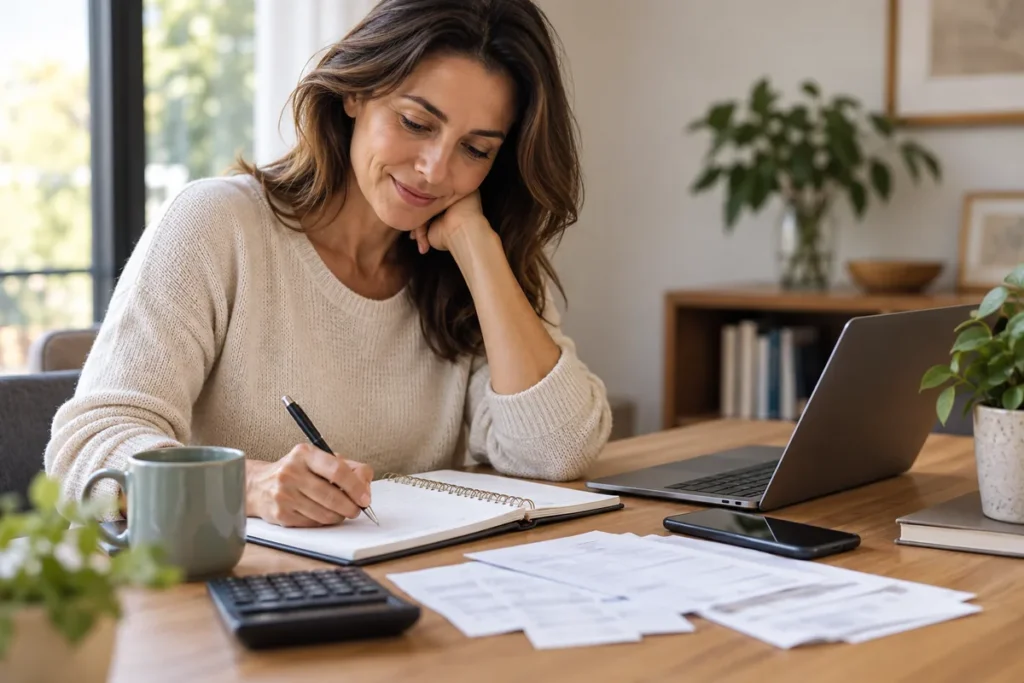 Mulher organizando suas finanças pessoais em casa