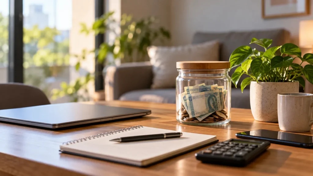 Reserva de emergência e planejamento financeiro em mesa de trabalho