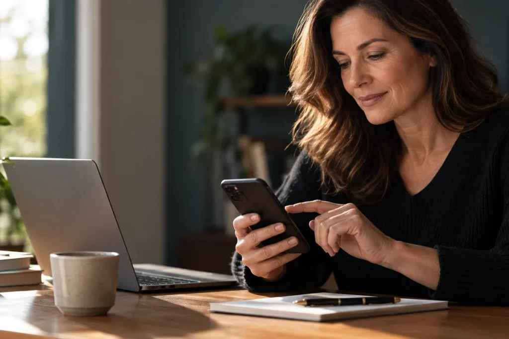Mulher usando o celular com segurança no dia a dia
