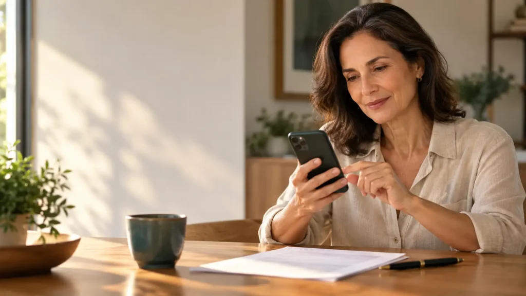 Mulher adulta usando o celular enquanto lê um documento em uma mesa, em ambiente doméstico iluminado.